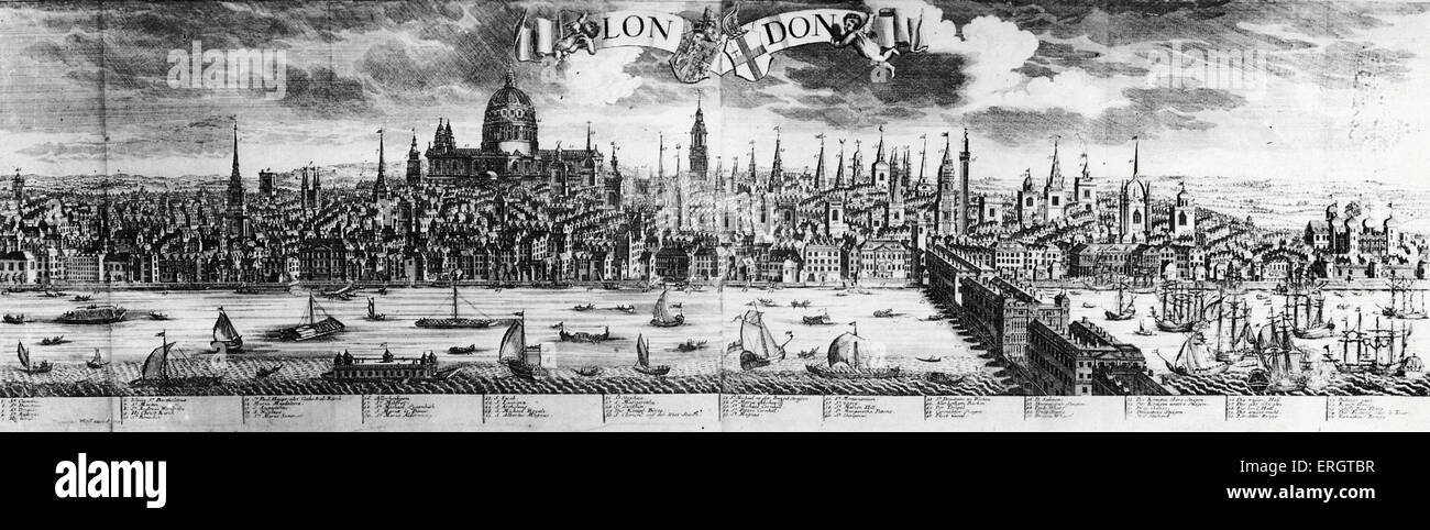 London - panorama - skyline - by Jeremias Wolff (c.1710) After the great fire - Time of Purcell, Arne, Locke, Blow. Stock Photo