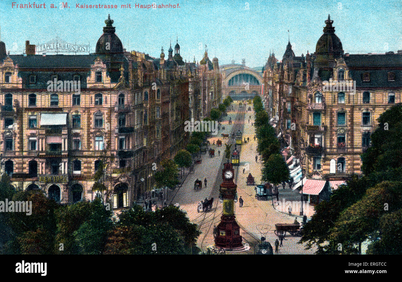 Frankfurt am Main, Germany  - Kaiser Strasse with the main train station. Street scene on painted photographic postcard. Early Stock Photo