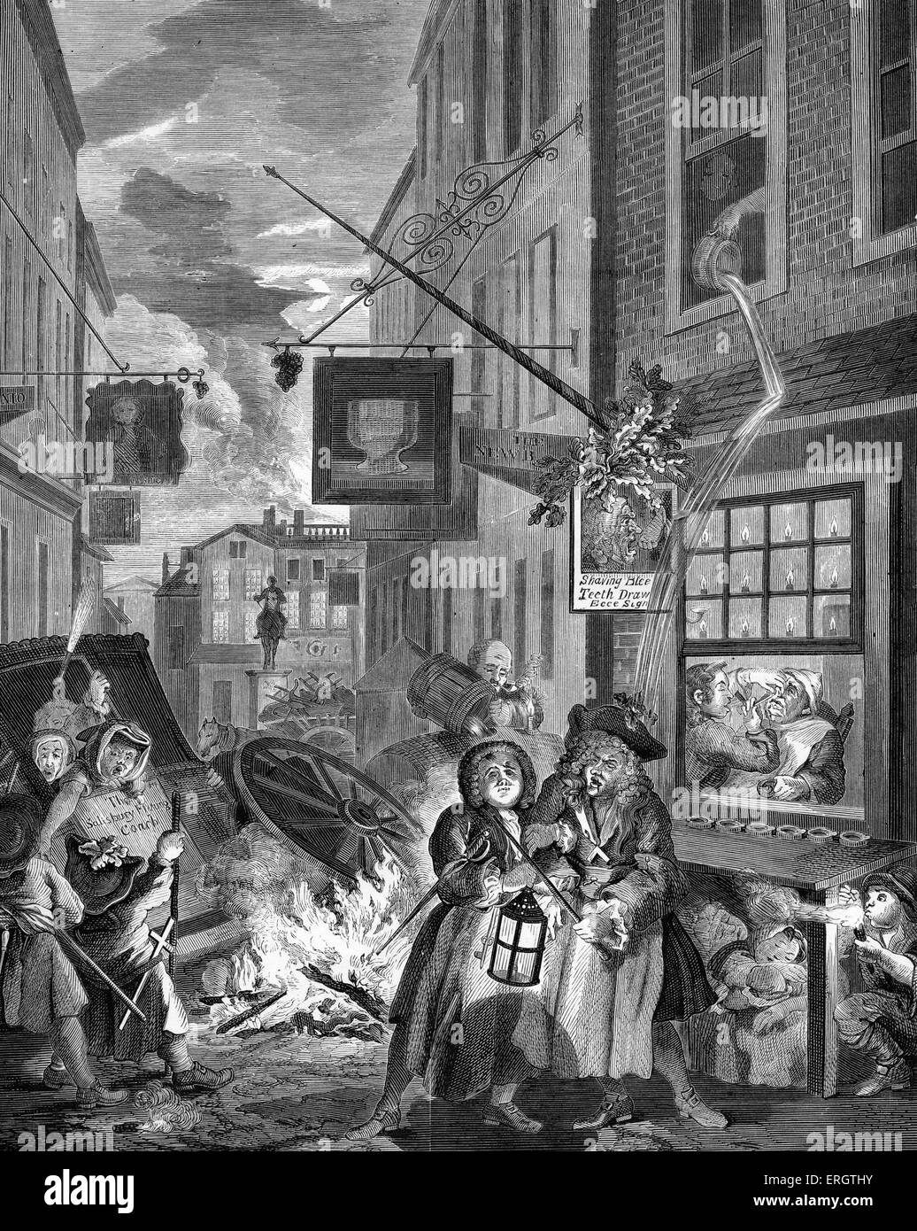 Night  - London -  engraving by William Hogarth, English painter and artist. Scene of 18th century London street life and Stock Photo