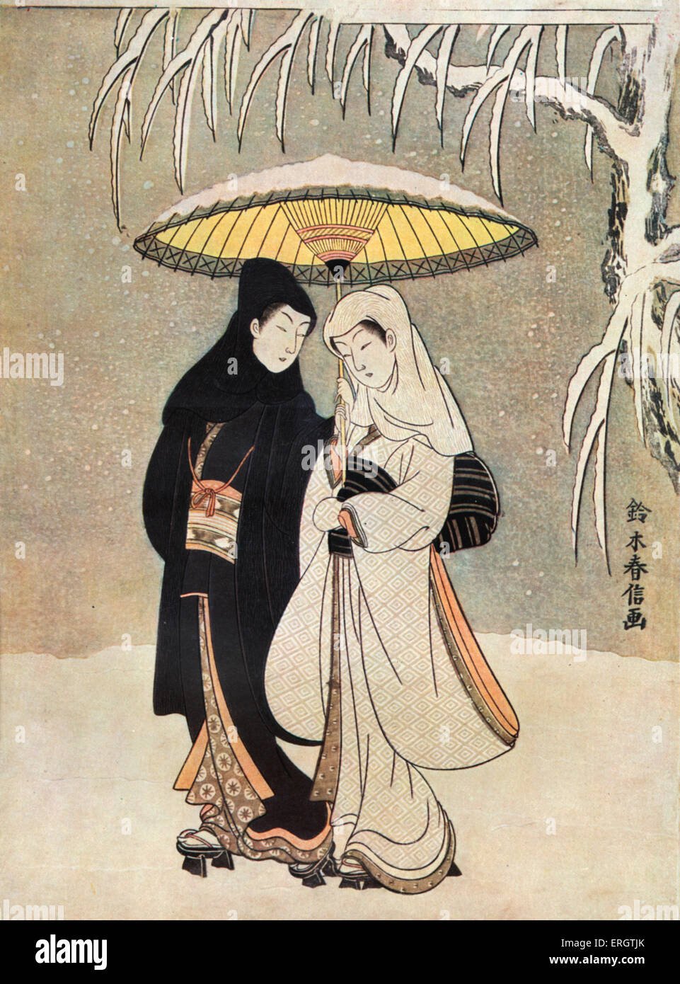 Two Lovers in Snow beneath Umbrella (Crow and Heron), c 1770. . Woodblock color print, by   Suzuki Harunobu (Japanese Stock Photo
