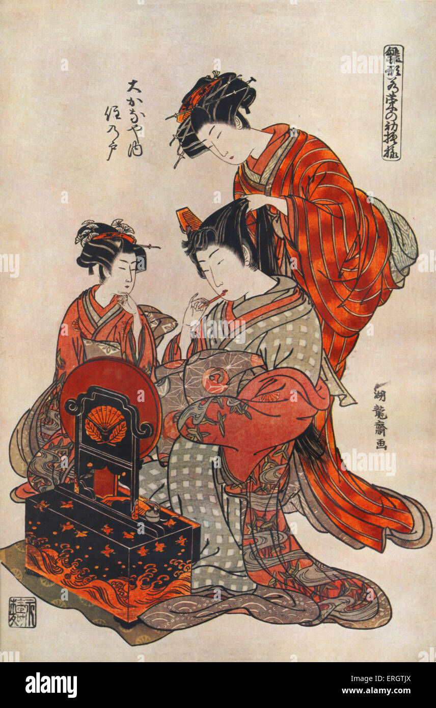 Courtesan in kimono being groomed by her hand maiden - Print by Isoda Koriusai (or Koryusai), Japanese printmaker in the ukiyo-e style. IK: 1735-1790. Traditional. Kimonos. Stock Photo