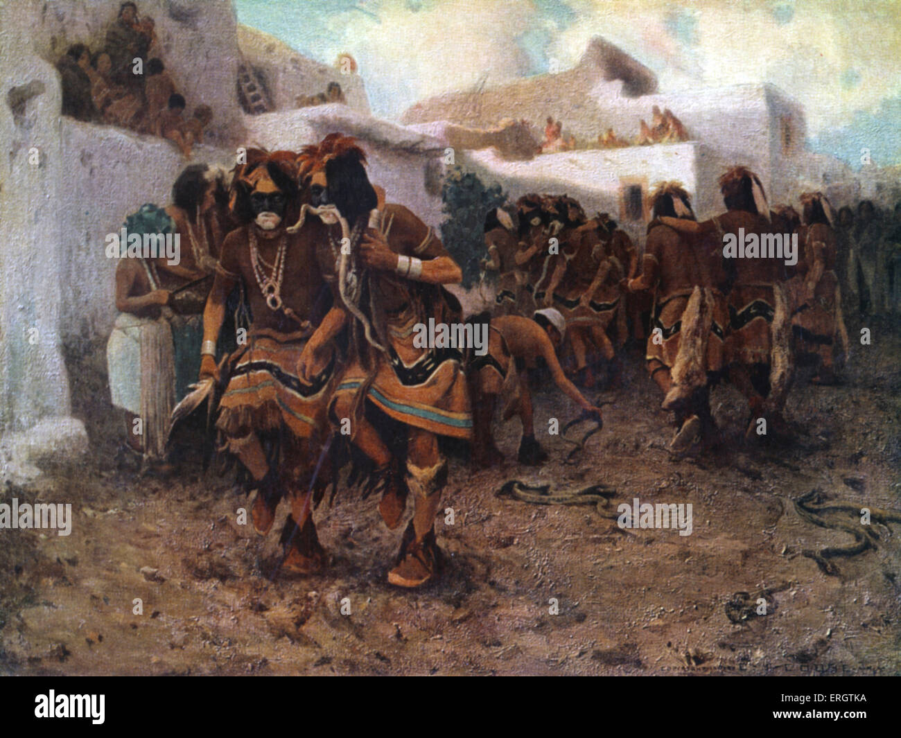 Native American snake dance of the Hopi tribe a prayer for rain. Men