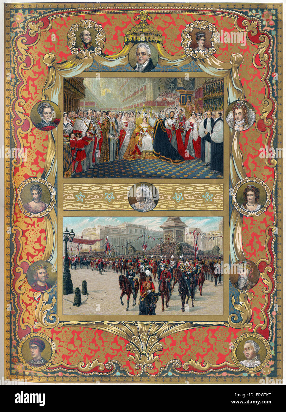 Queen Victoria of England - Her Majesty 's coronation (top,1837) and jubilee procession (bottom, 1887). 24 May 1819 – 22 January 1901. With portraits of Duke of Kent, Mary I, Mary II, Henry III, Henry VI, William IV, Queen Victoria, Duchess of Kent, Queen Elizabeth, Queen Anne, Edward III and George III. Stock Photo