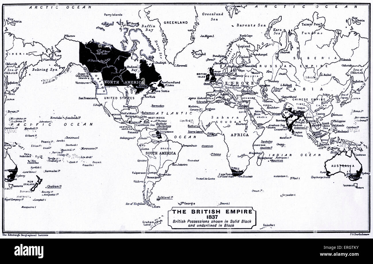 The British Empire in 1837. Map of the world with British possessions shown in black and underlined in black. Stock Photo