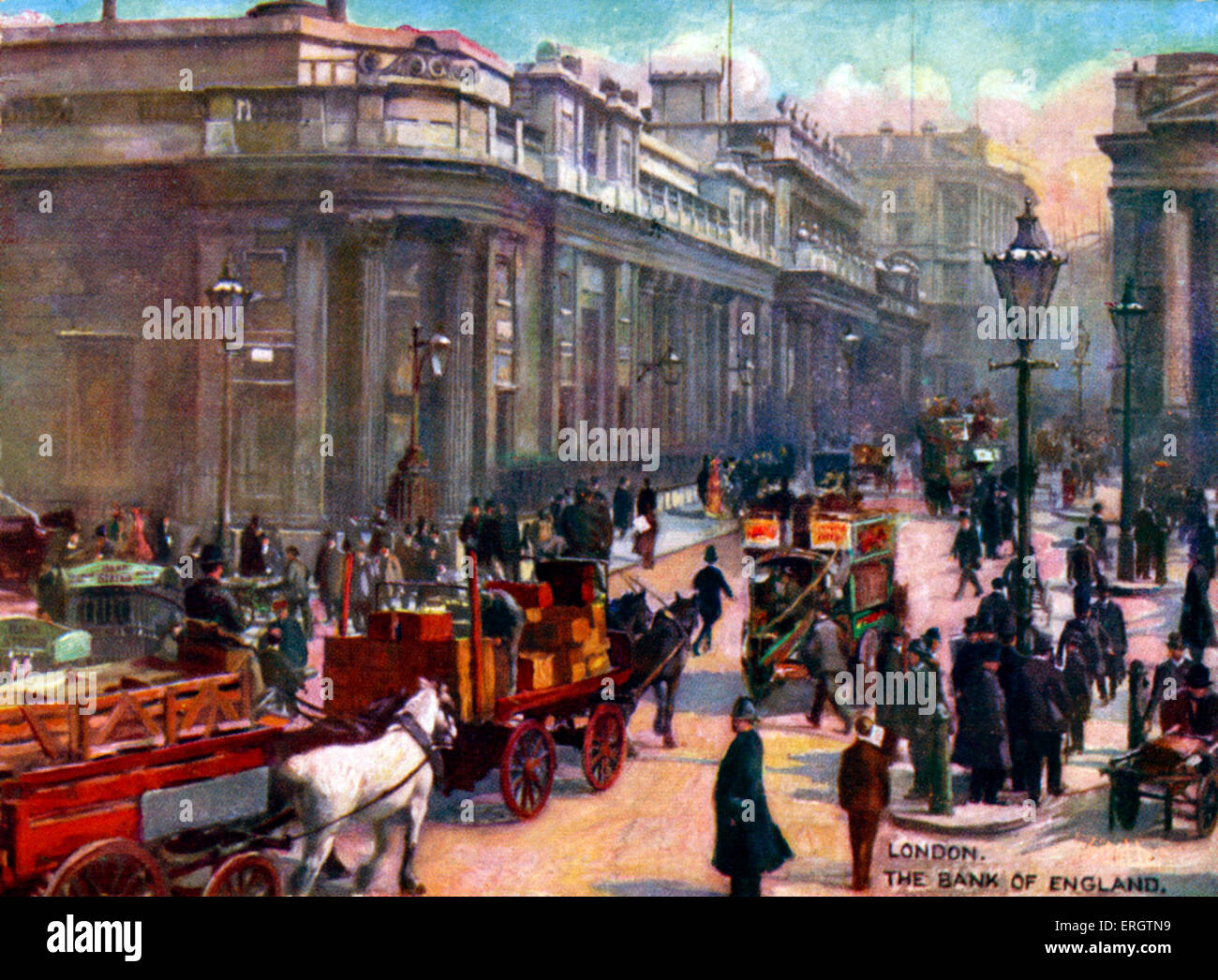 London -  Bank of England.  In early 1900s. Horsedrawn carts, trams, top hats. Lamp post. Pedestrians . Stock Photo