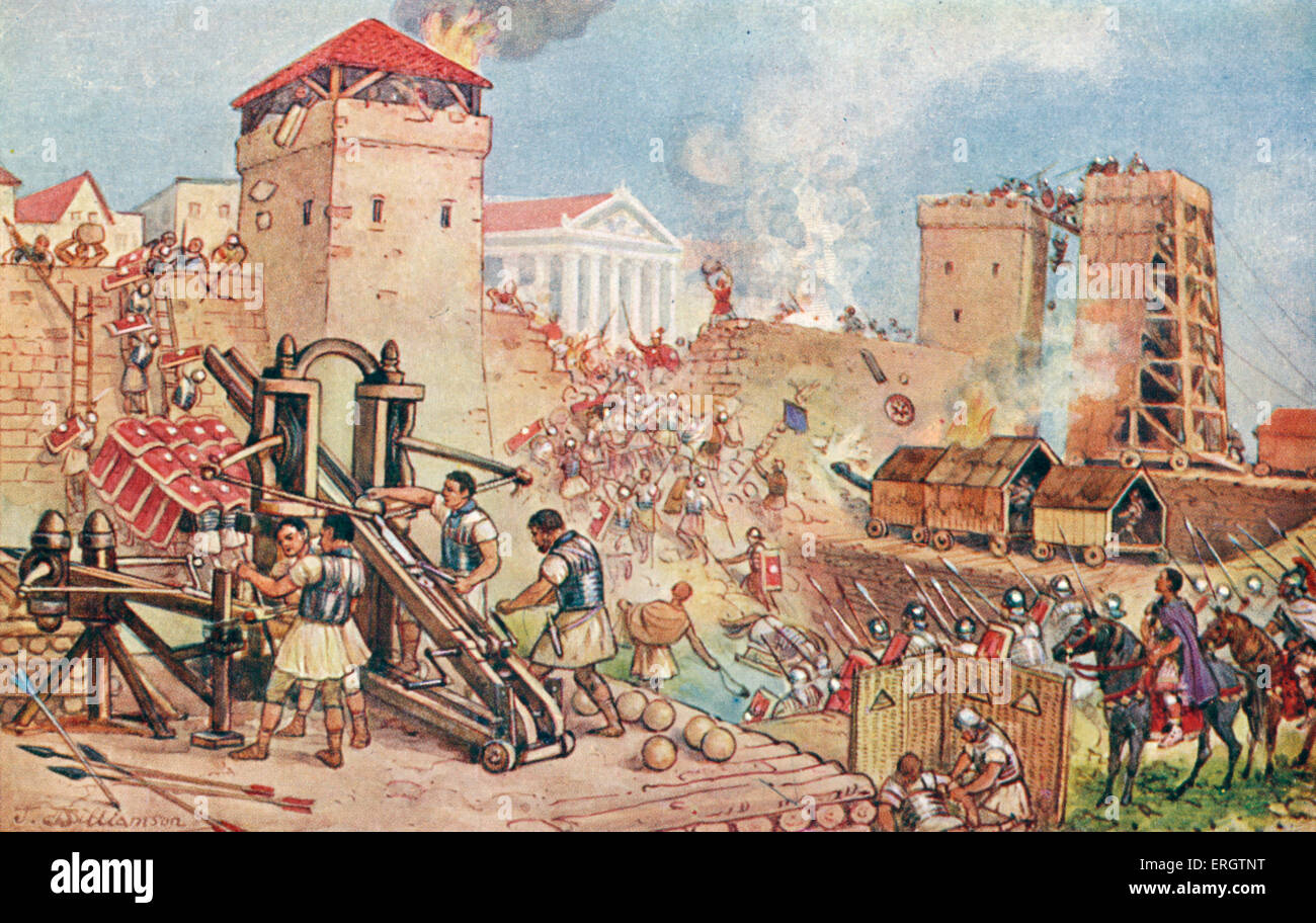 The Roman Empire - the siege Rampart, ramparts, citadel, citadels, fortress, catapult, soldier, soldiers, armor.  Illustration Stock Photo