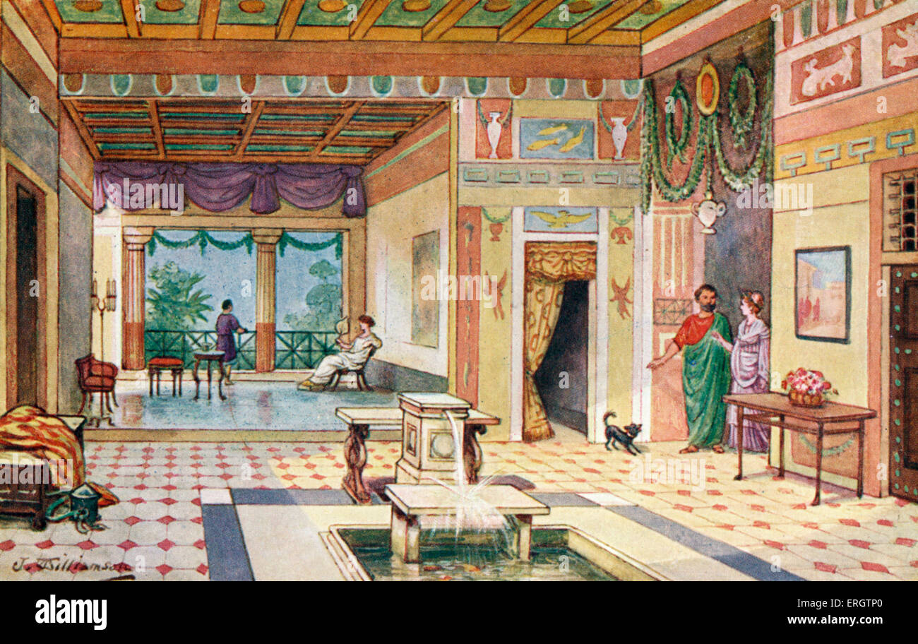The Roman Empire - the Roman home. Romans, house, household, dwelling, atrium, fountain, fountains, leisure, toga, togas. Stock Photo