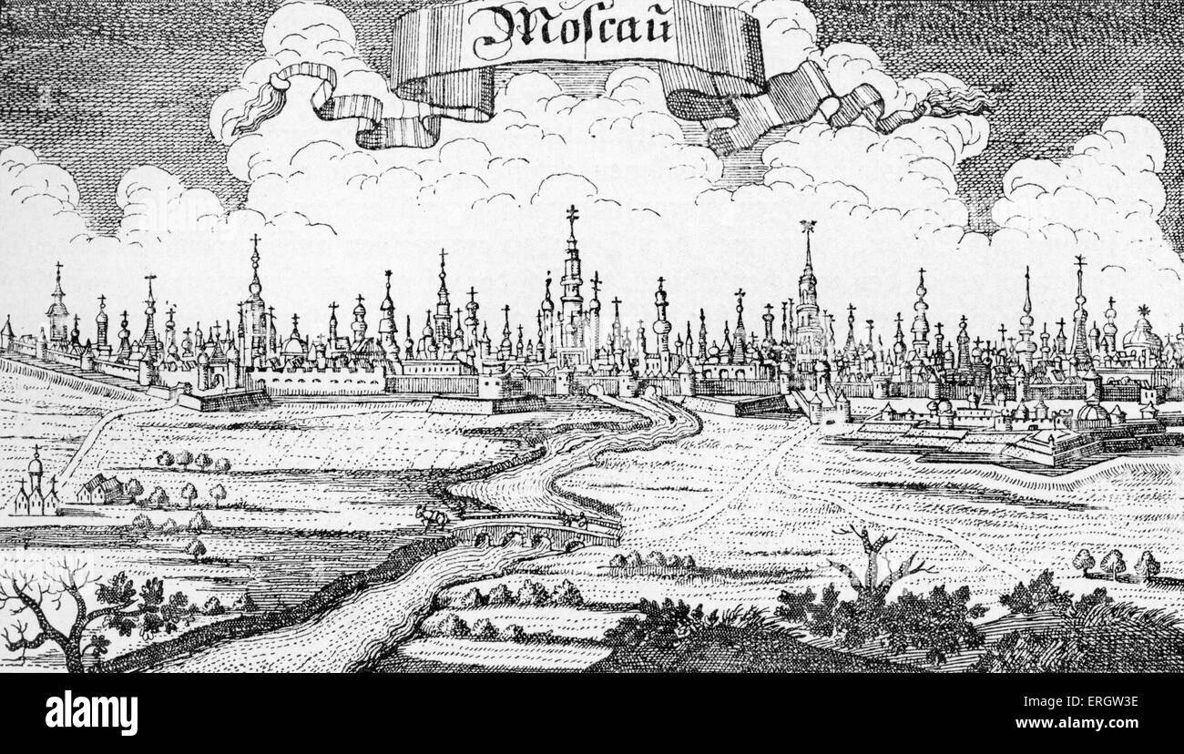 Moscow - view of the Russian capital and the Moskva River, c. 1738. Engraving from book 'Das veränderte Russland' (The Changed Stock Photo