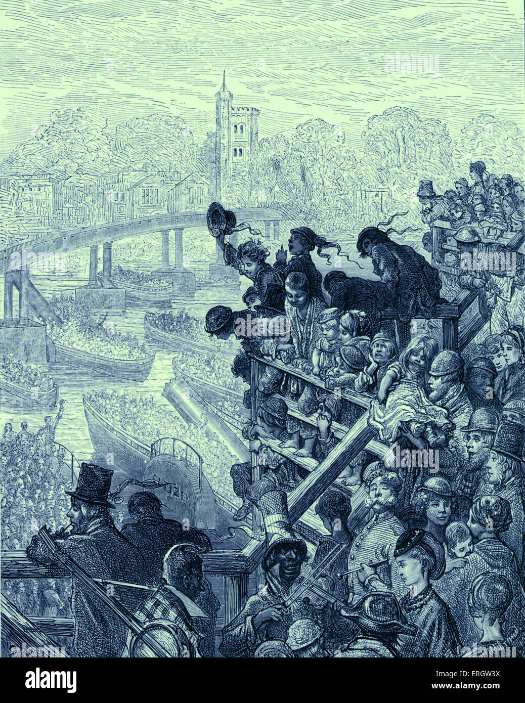 Oxford and Cambridge boat race - with the boats passing under Putney Bridge, London. Men, women and children leaning over bridge and cheering. Fiddle and banjo player entertaining crowd. Engraving by Gustave Doré. 'London, a Pilgrimage', by Gustave Doré and Blanchard Jerrold, London 1872. Stock Photo