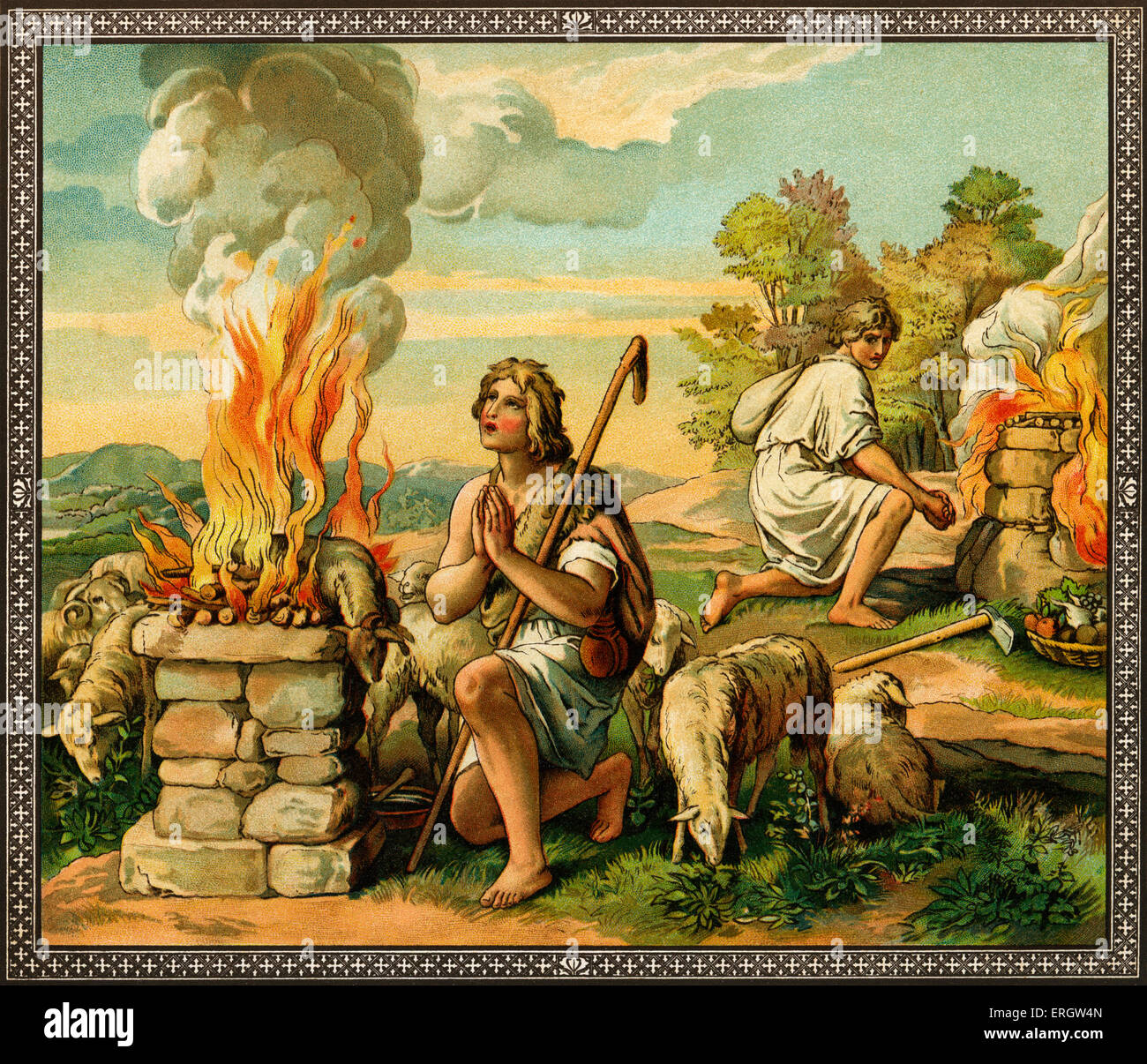 The offerings of Cain and Abel - Abel the shepherd's sacrifice is  more successful than Cain the farmer. From Old Testament Stock Photo