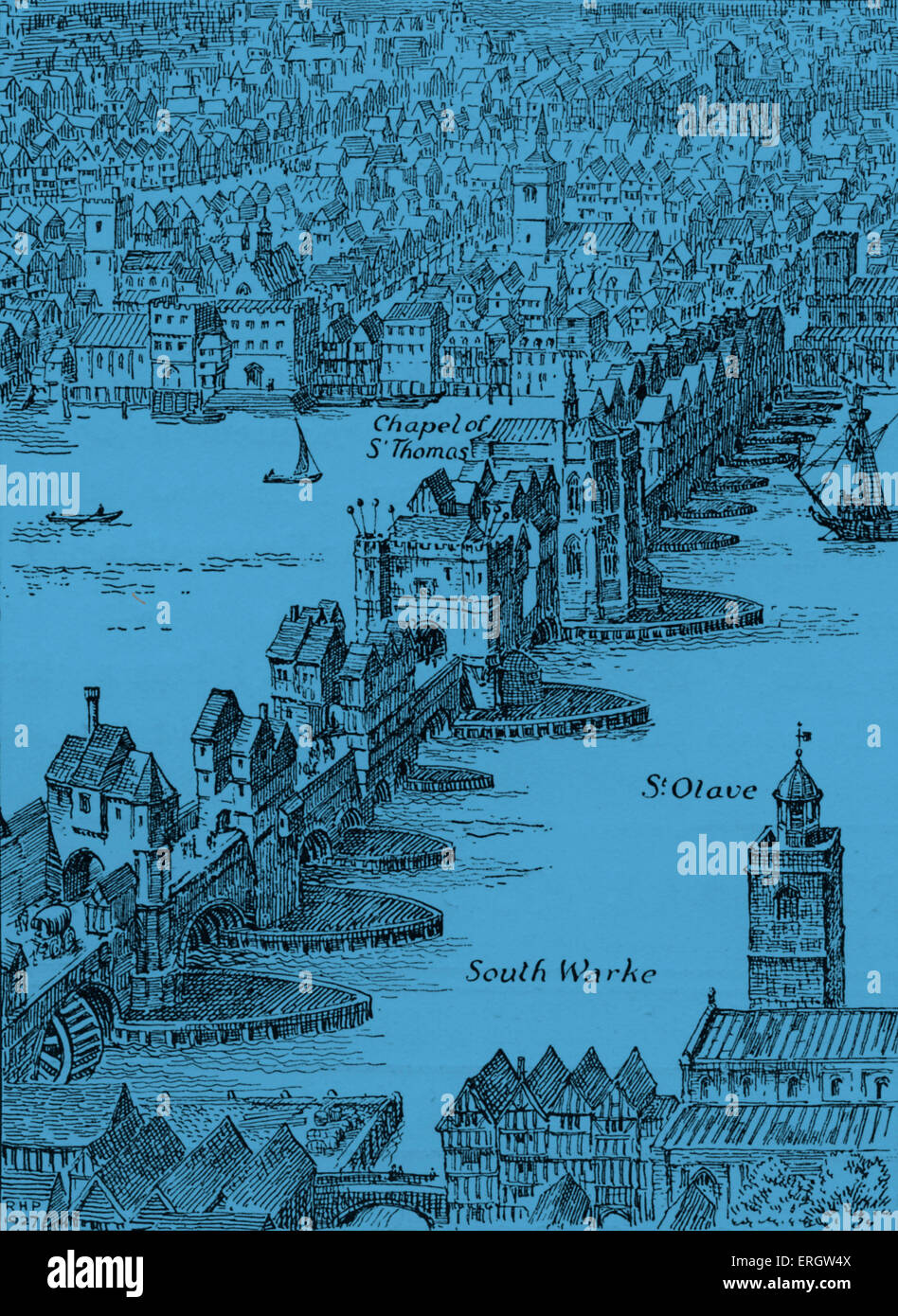 Old London Bridge - Elizabethan drawing. Stock Photo