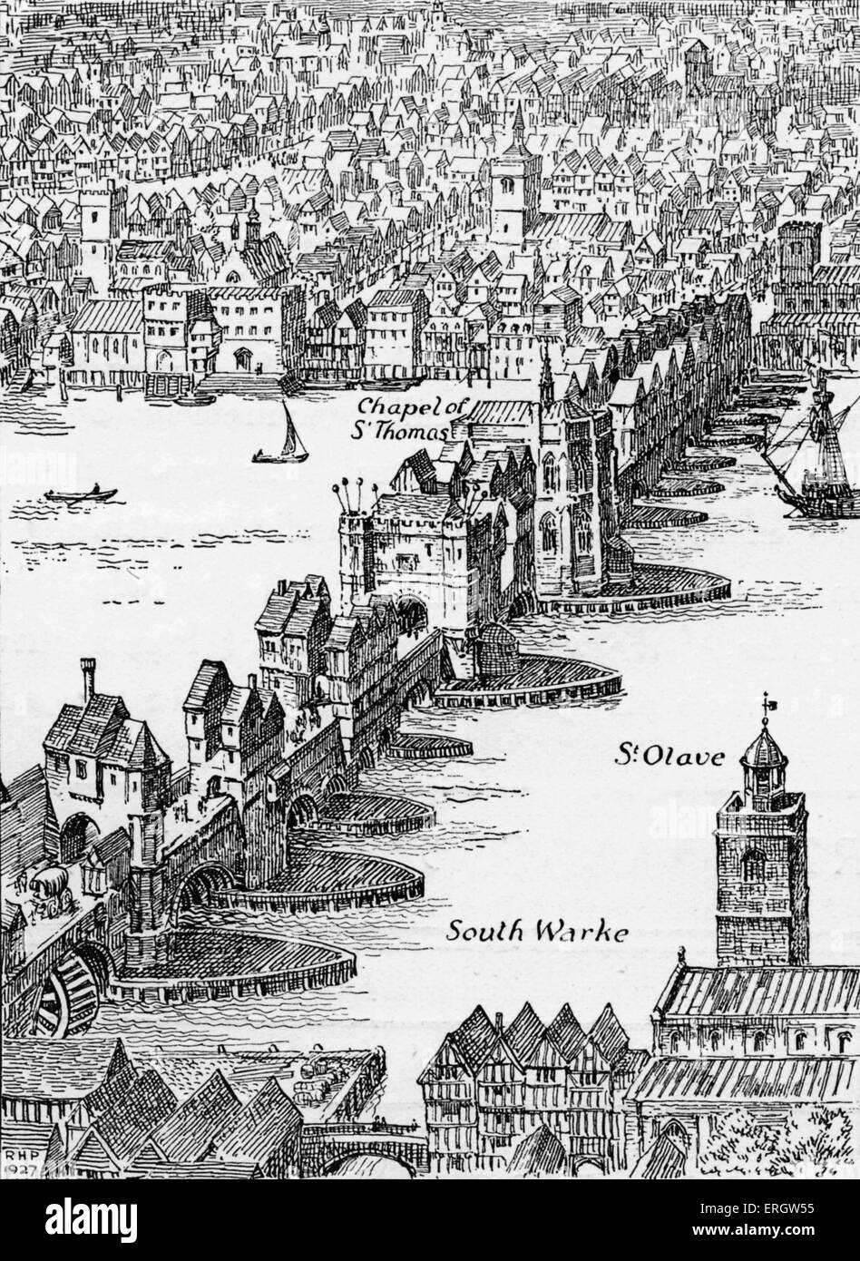 Old London Bridge - Elizabethan drawing. Stock Photo