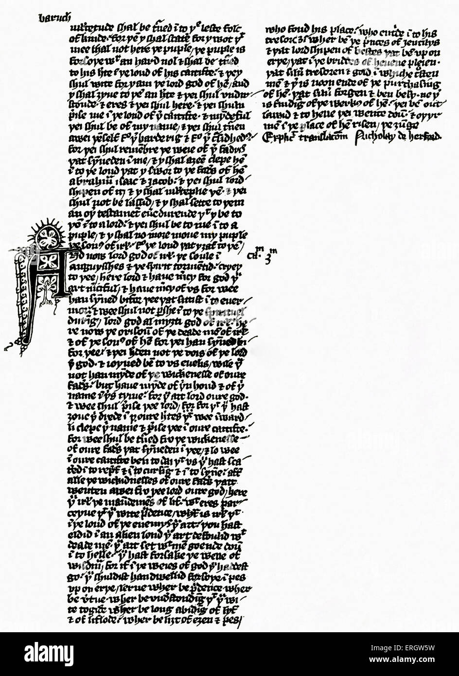 John Wycliffe's Bible from a manuscript in the Bodleian Library, translated by Nicholas of Hereford. Portion from   Baruch. Stock Photo