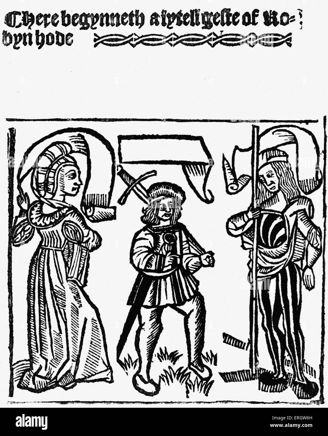 Robin Hood printed by Wynkyn de Worde. Caption reads: 'A lytell geste of Robin Hode'.  Figure in archetypal English folk tales, Stock Photo