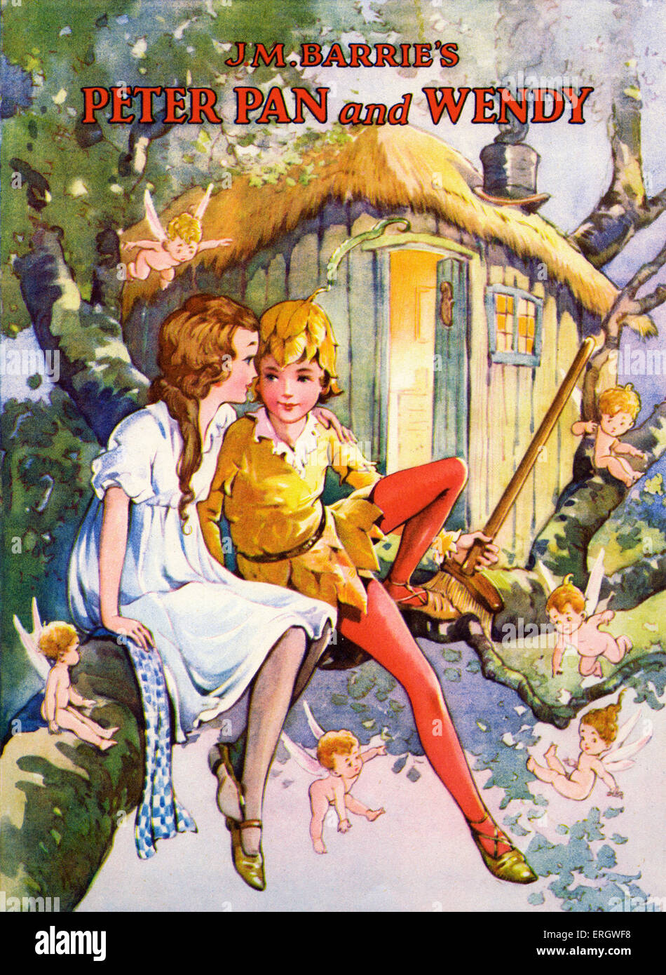 'Peter Pan and Wendy' by James Matthew Barrie. Peter Pan and Wendy by the side of the Treehouse. Title page. JMB: Scottish Stock Photo