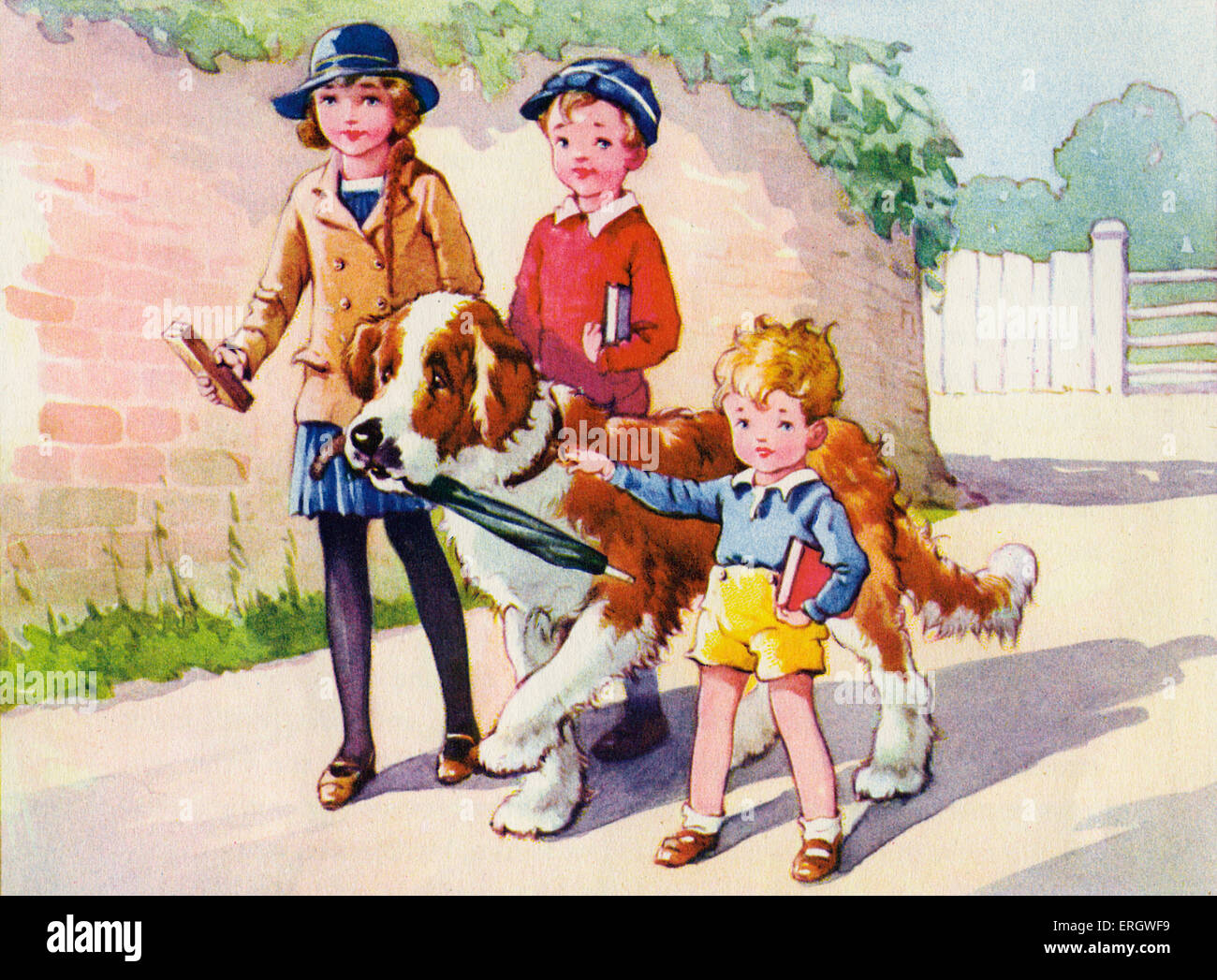 'Peter Pan and Wendy' by James Matthew Barrie. Wendy, John and Michael Darling with Nana the dog. JMB: Scottish novelist and Stock Photo