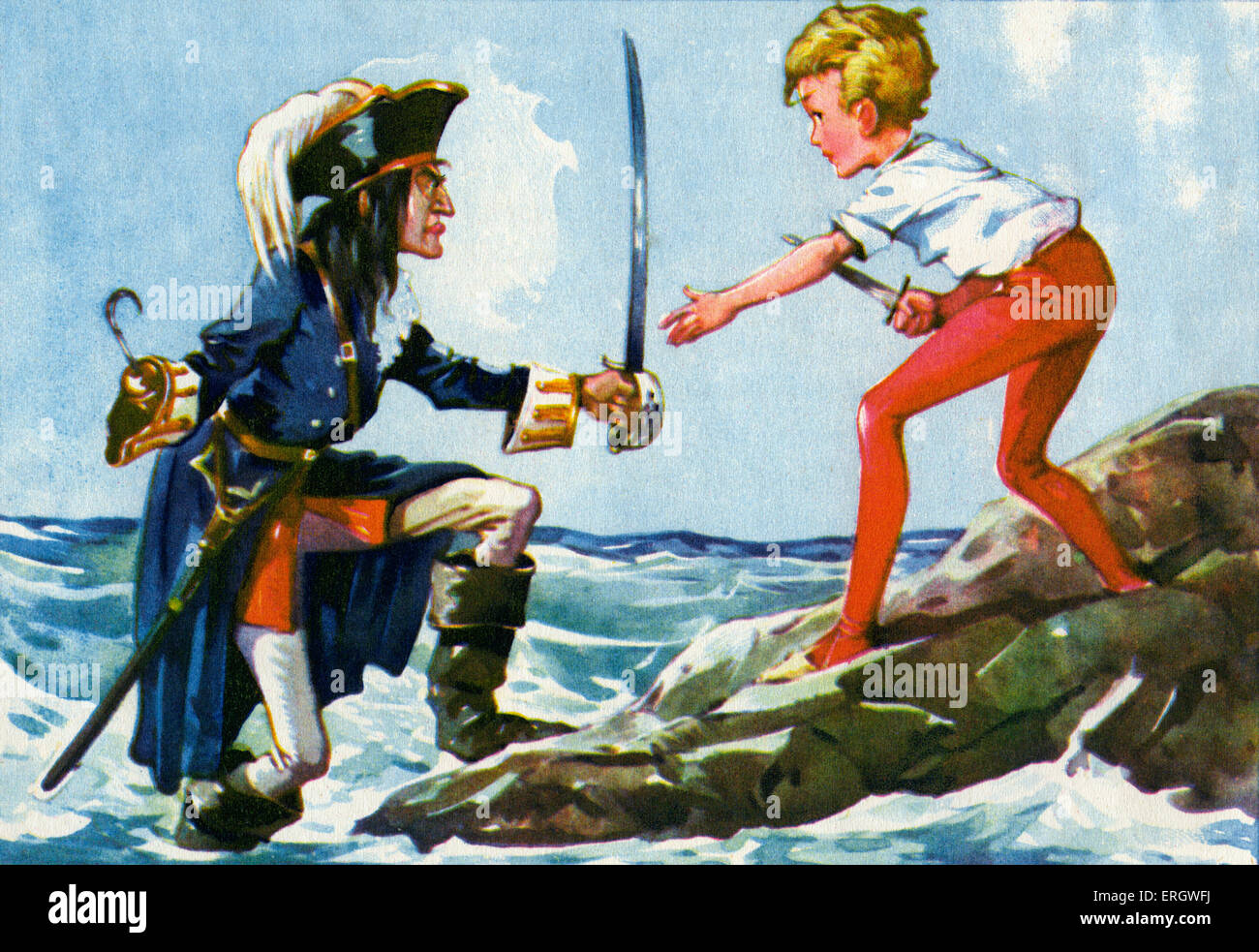 'Peter Pan and Wendy' by James Matthew Barrie. Captain Hook and Peter Pan fight. JMB: Scottish novelist and dramatist, 9 May Stock Photo