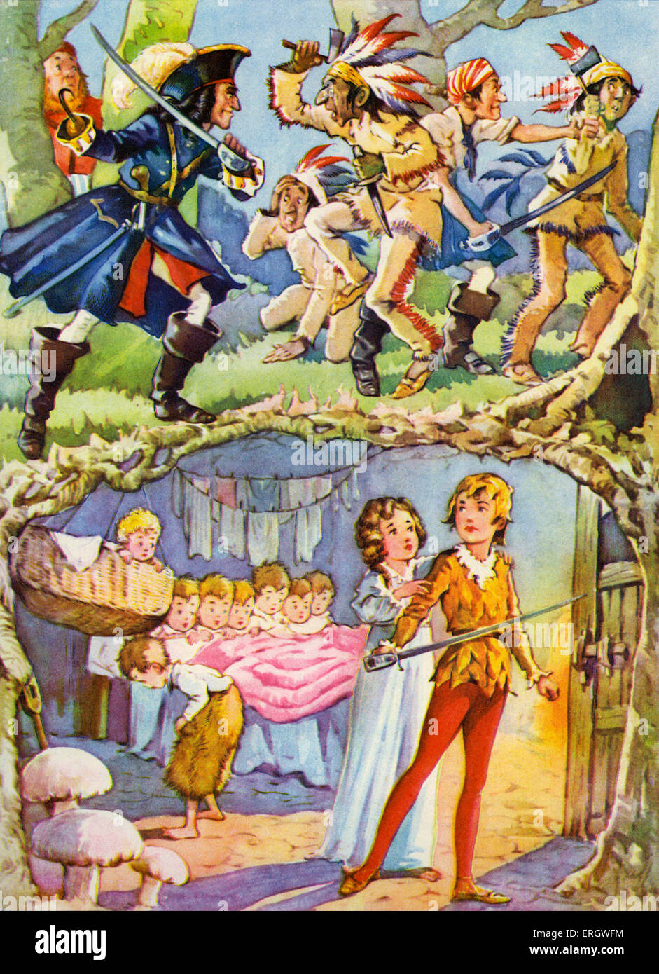 'Peter Pan and Wendy' by James Matthew Barrie. Redskins attacked by Captain Hook and the pirates.  Peter Pan and the children Stock Photo