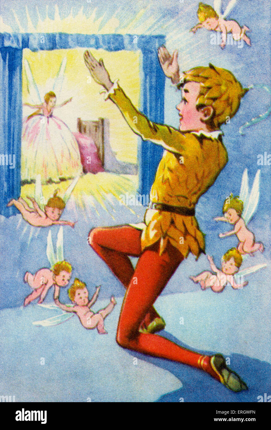 'Peter Pan and Wendy' by James Matthew Barrie. Peter Pan saves Tinker Bell. 'Do you believe in fairies: Claop your hands if you Stock Photo