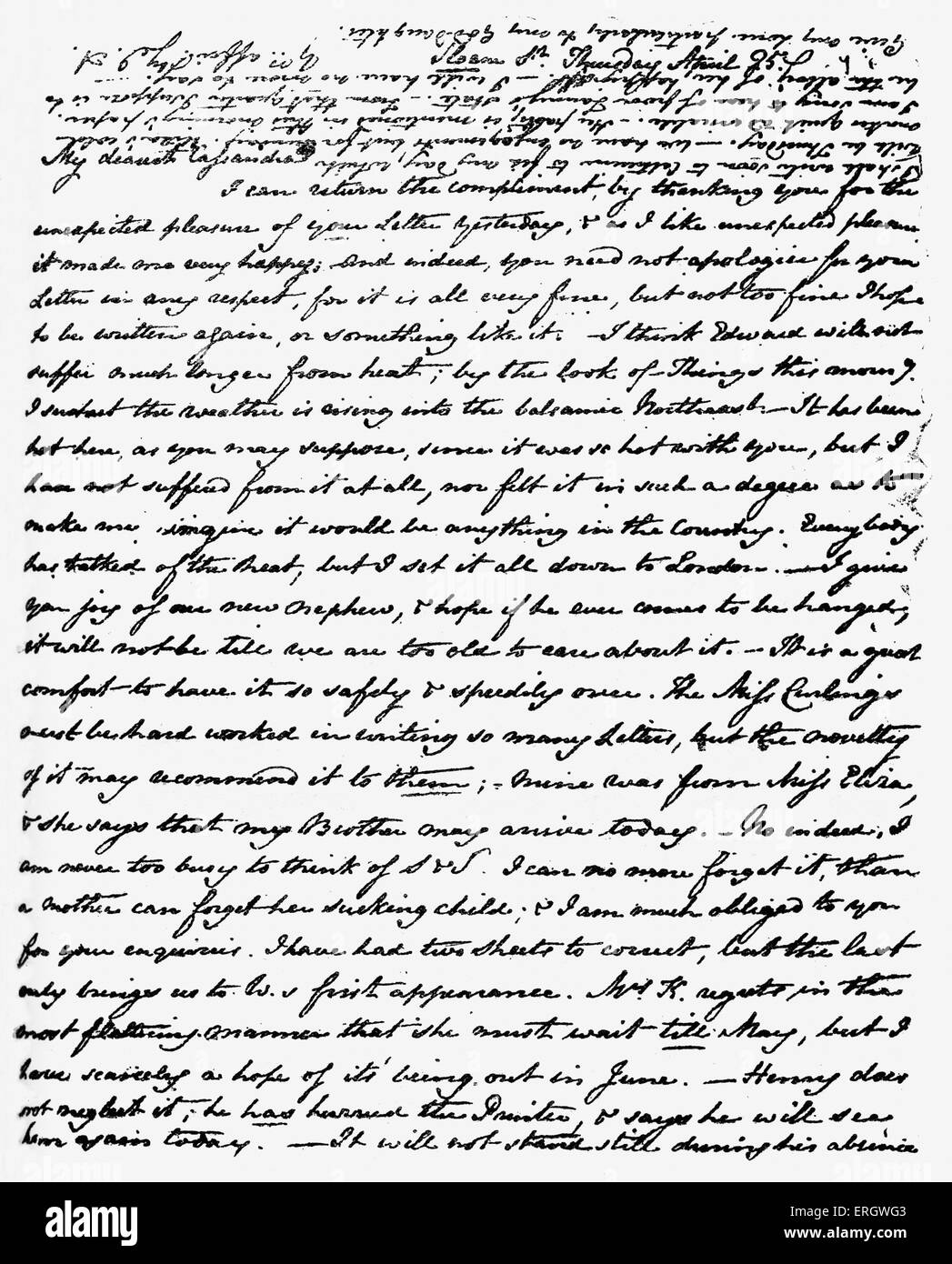 Letter from Jane Austen to Cassandra Austen (her elder sister). Handwritten manuscript. JA: English novelist, 16 December 1775 – 18 July 1817. CA: Amateur English watercolourist, 9 January 1773 – 22 March 1845. Stock Photo