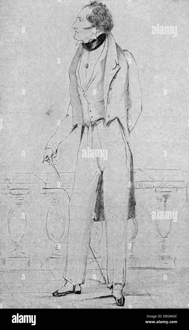 Lord Byron: 1823. Gordon Byron, 6th Baron Byron. British poet, 22 January 1788 – 19 April 1824.  From a drawing by Count Stock Photo