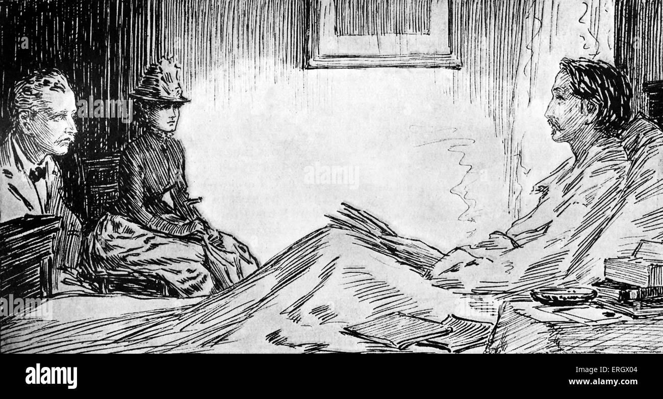 Robert Louis Stevenson receiving Samuel Sidney McClure in bed, Illustration from 'My autobiography' by S S McClure. 13 November Stock Photo