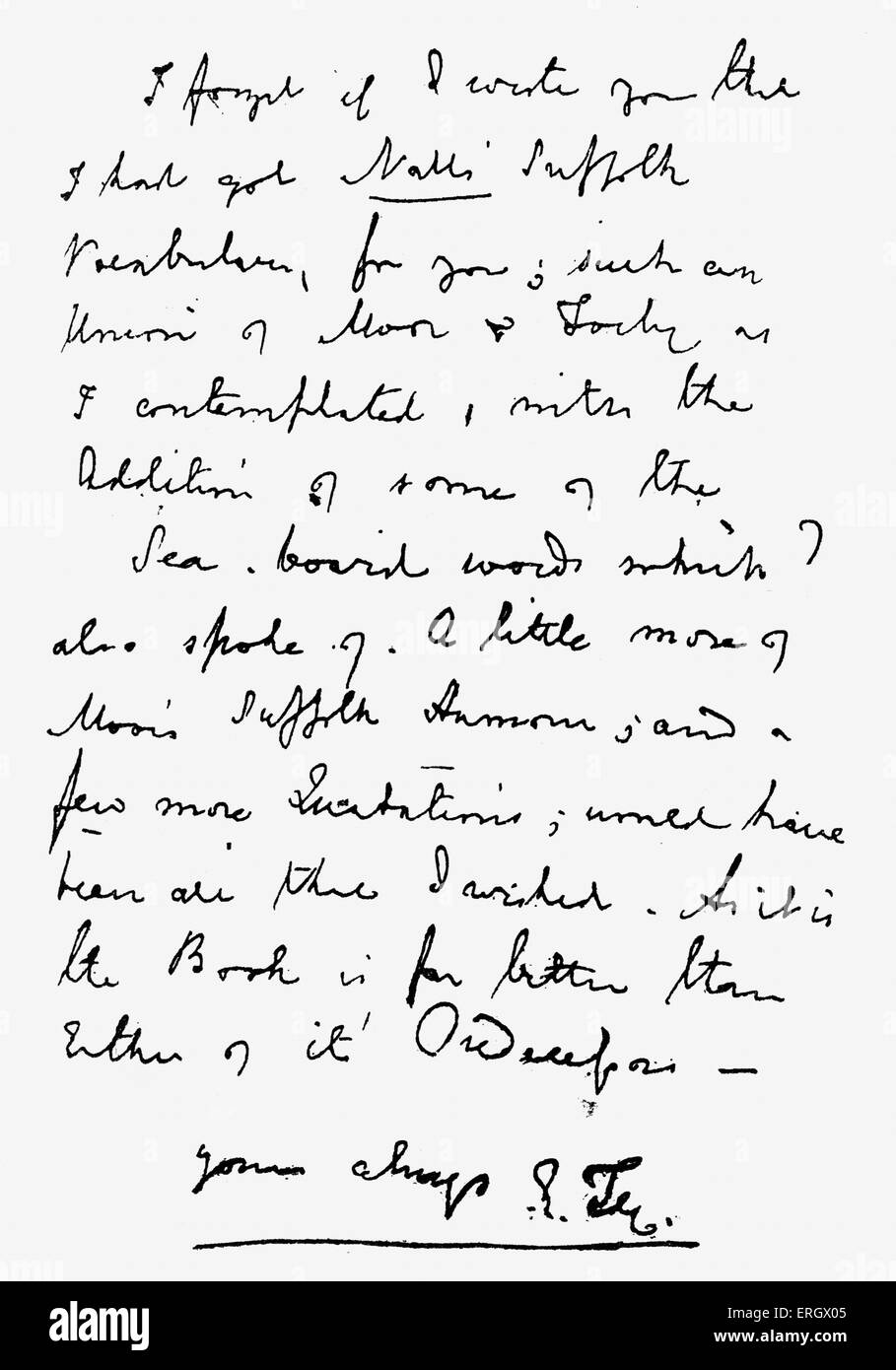 Letter from Edward Fitzgerald.  Signed handwritten manuscript. EF: English writer and poet, 31 March 1809 – 14 June 1883. Stock Photo
