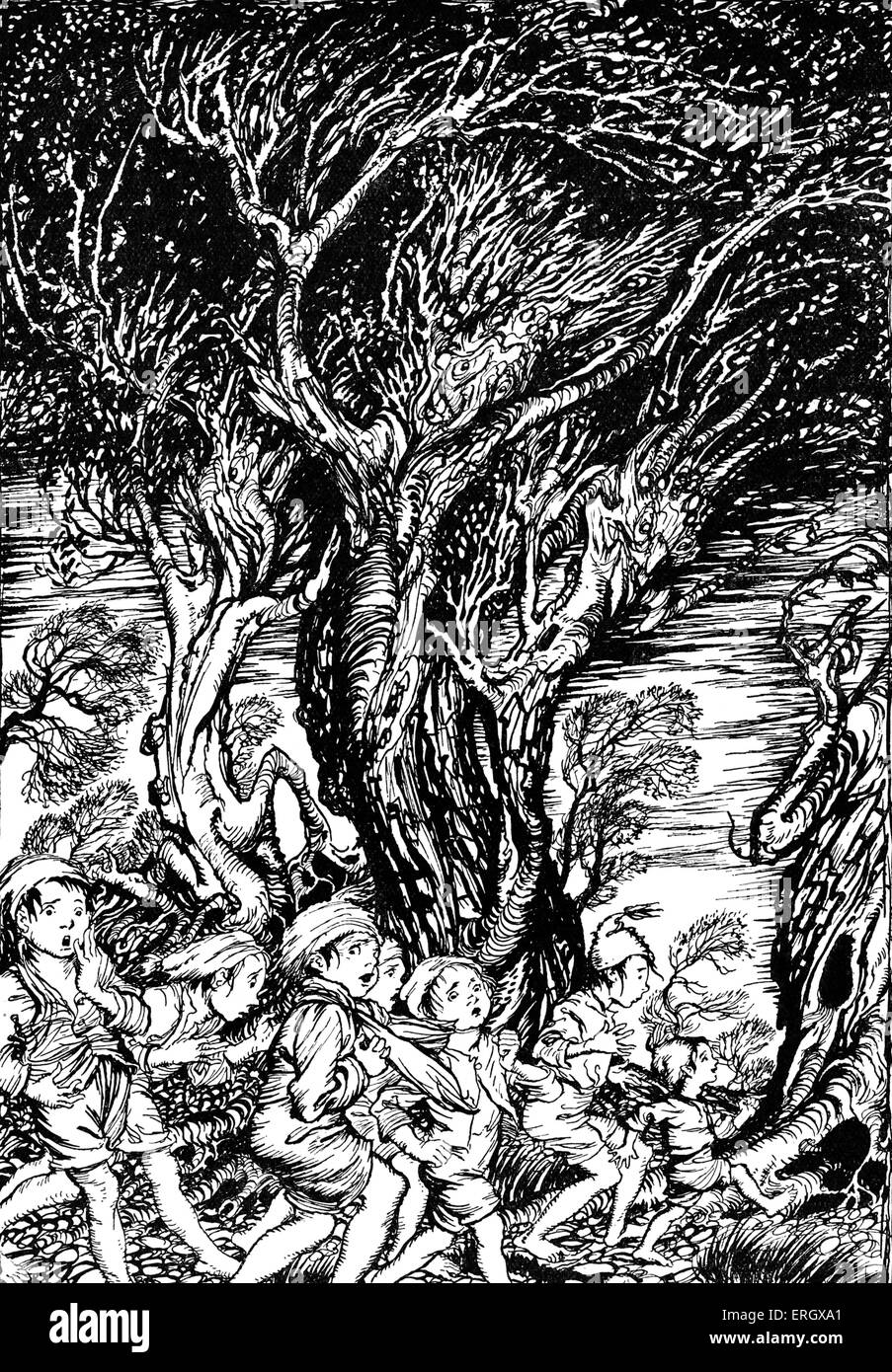 'The Arthur Rackham Fairy Book' by Arthur Rackham.  Caption reads: 'Every moment they thought they would be eaten up'. Stock Photo