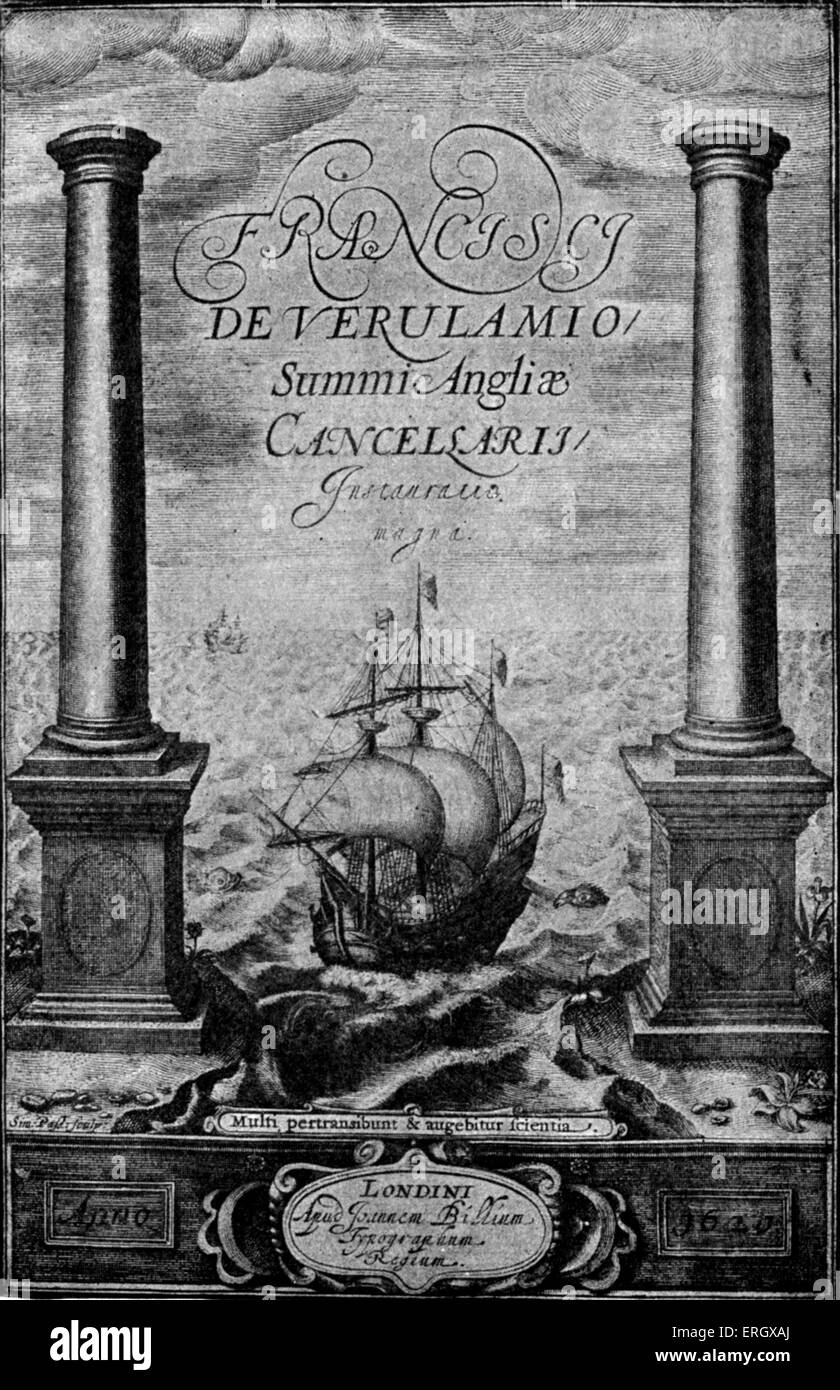 'Novum Organum',  philosophical work by Francis Bacon published in 1620. Title page. FB: English philosopher, statesman, and Stock Photo