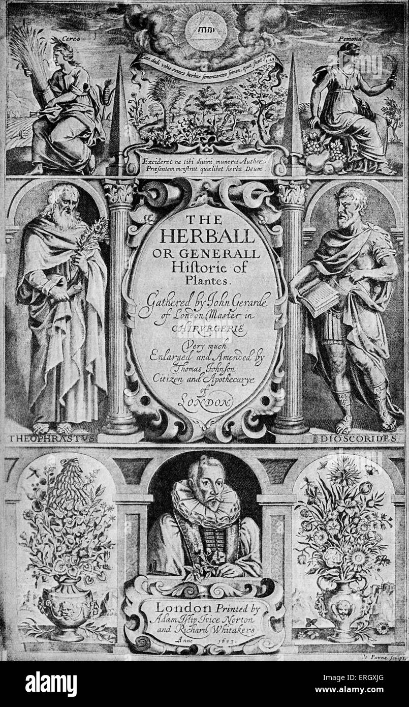 'Herbal' by John Gerard.  Title page. 1633. English herbalist famous for his herbal garden,  1545 – February, 1611/12. Stock Photo
