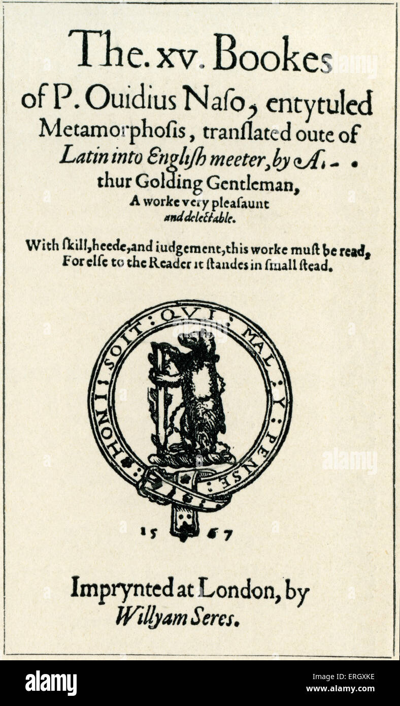 'Metamorphoses'  translated by Arthur Golding. Title page. 1567. English translator, c 1536 – c 1605. Stock Photo