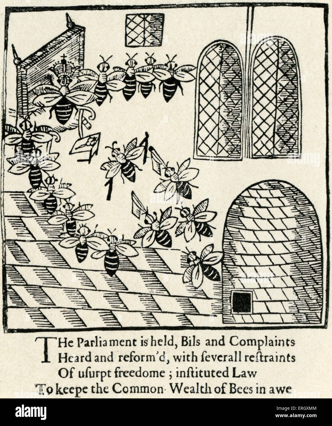 'Parliament of Bees'  1641 by John Day. English dramatist, 1574 – 1640.  Woodcut illustration from the book. Stock Photo