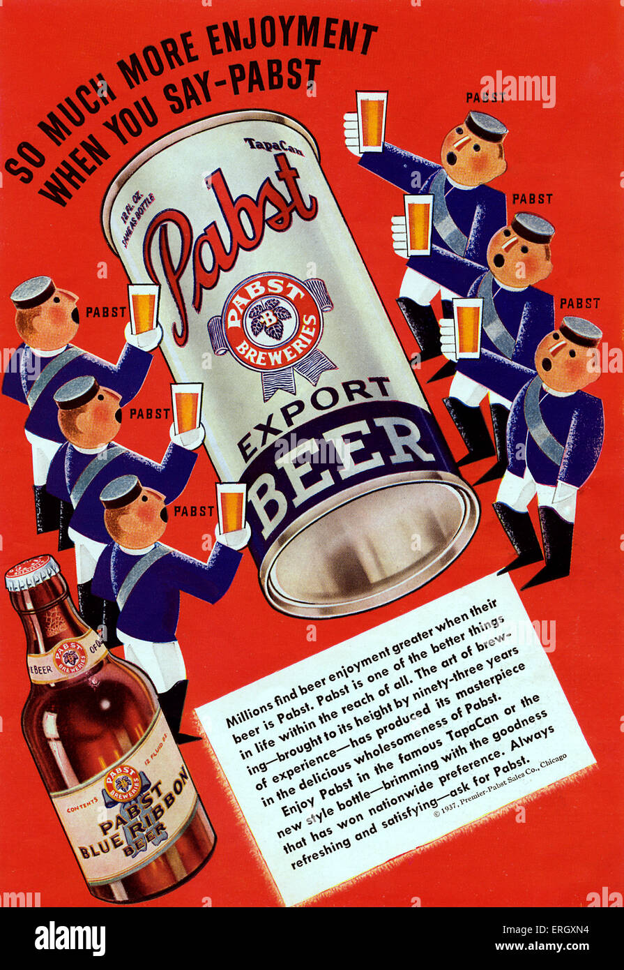 'Pabst blue ribbon beer' advertisement. Caption reads: 'So much more enjoyment when you say- Pabst'. Stock Photo