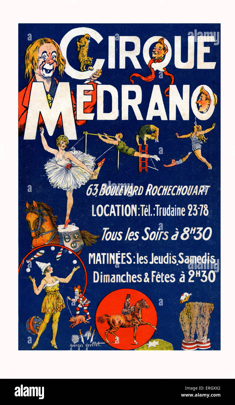 'Cirque Medrano'  / Circus Medrano programme cover. '63, Boulevard Rochechouart. All evenings at 8.30pm  Matinees on Thursdays Stock Photo