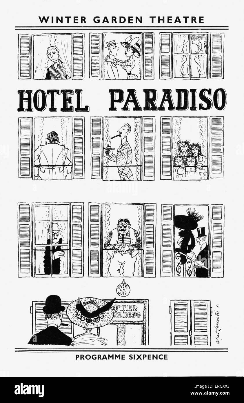 Hotel Paradiso' programme cover, 1956: Winter Garden theatre. Farce by Georges Feydeau and Maurice Desvallieres. Translated by Peter Glenville. GF: French playwright of the era known as La Belle Epoque, 8 December 1862 - 5 June 1921. PG: English film and stage actor and director, 28 October 1913 - 3 June 1996. Stock Photo