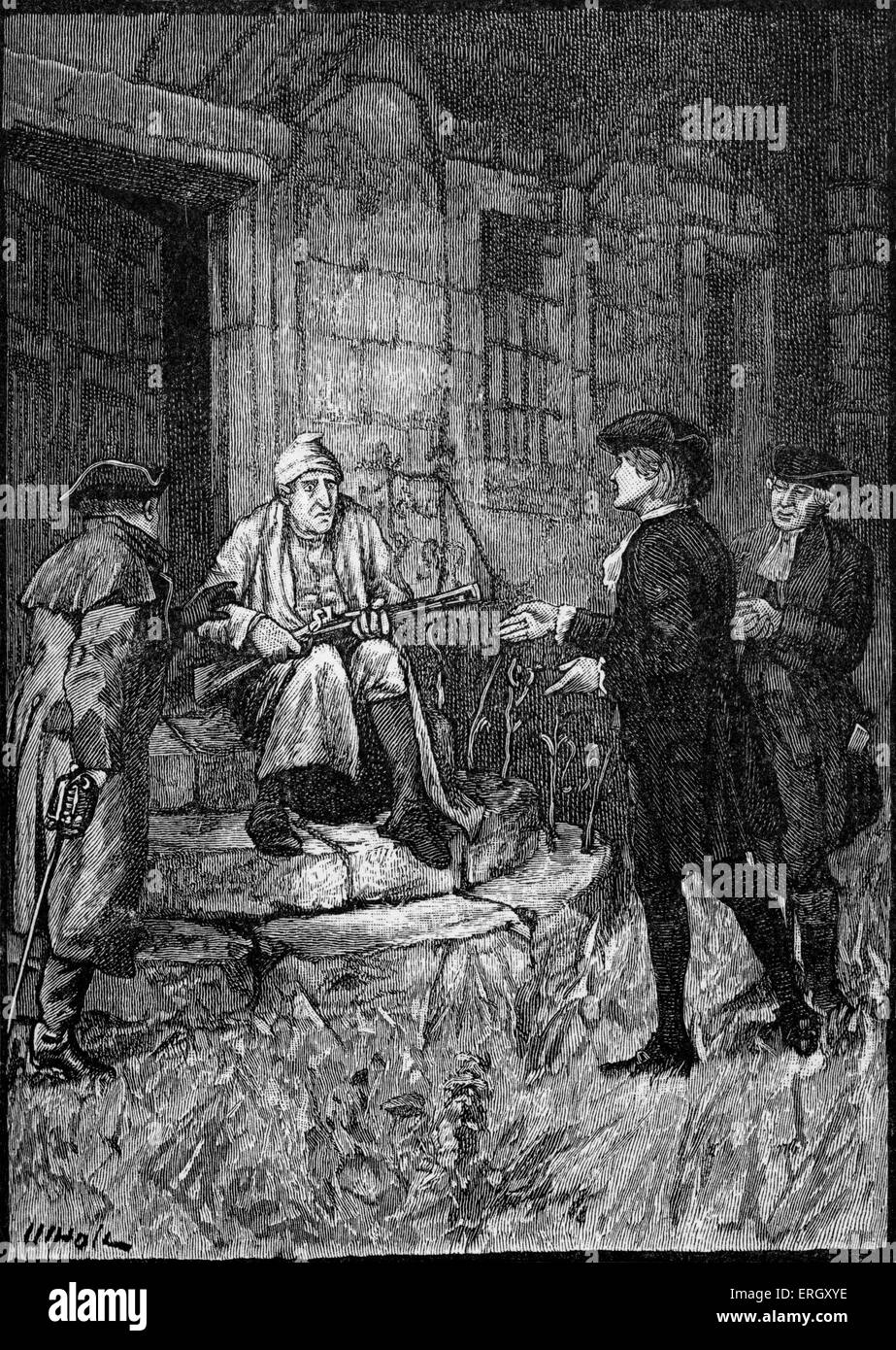 Kidnapped by Robert Louis Stevenson. Illustration by W.B.Hole. Caption reads: 'My uncle sat on the doorstep with the blunderbuss in his hands'. RLS: Scottish novelist, poet, and travel writer, 13 November 1850– 3 December 1894. Stock Photo