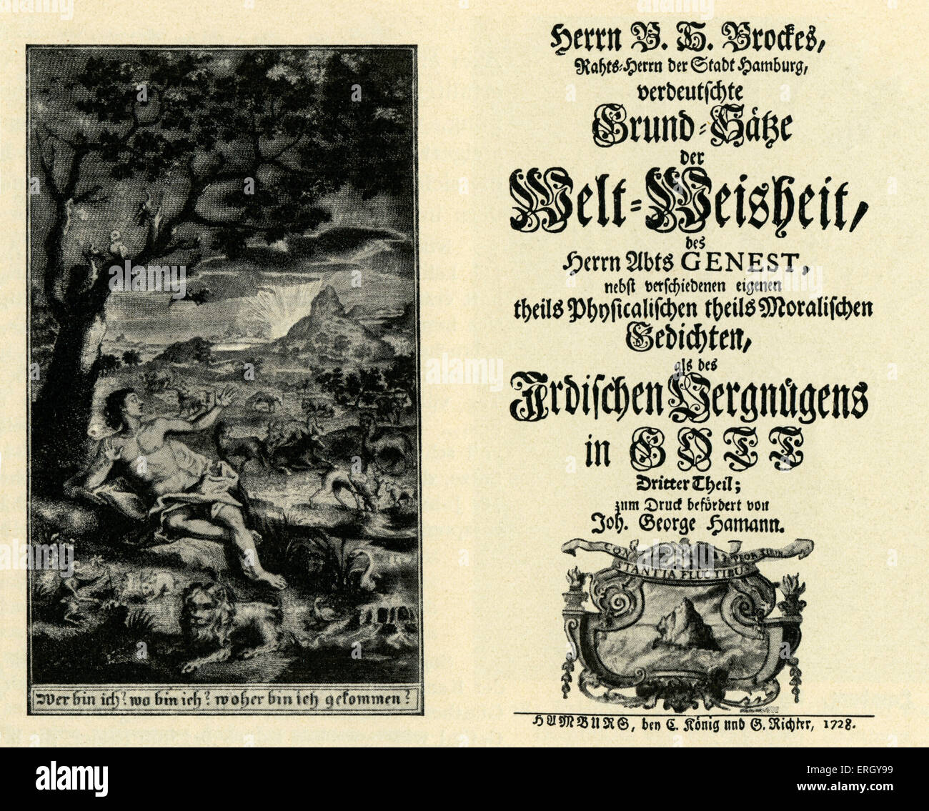 Irdisches Vergnügen in Gott by Barthold Heinrich Brockes. Vol. III. 1728. Title page and frontispage. German poet: 22 September Stock Photo