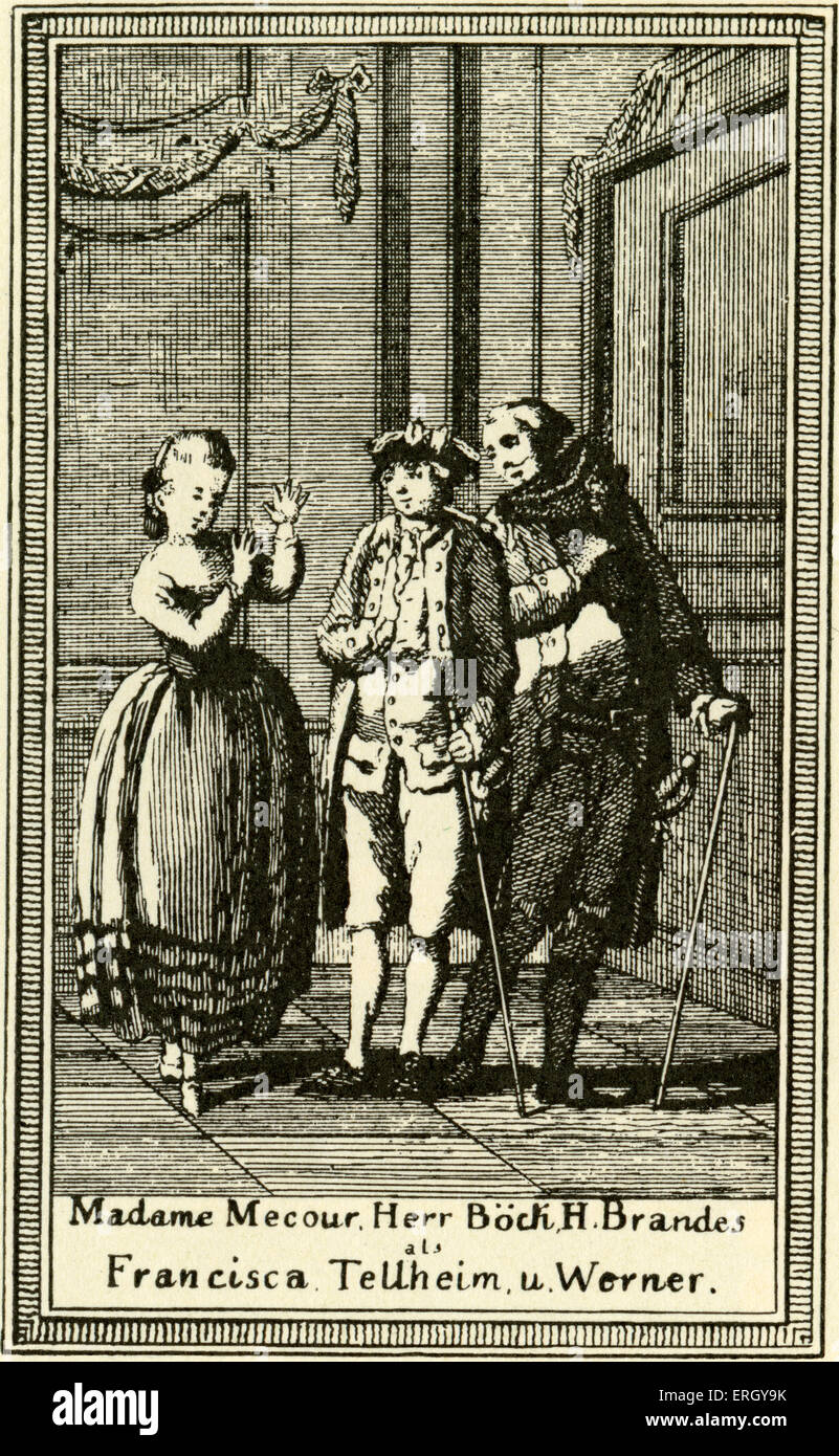 Minna von Barnhelm by Gotthold Ephraim Lessing. Line engraving, 1779. Caption reads: 'Madame Mecour, Herr Böch, H. Brandes als Stock Photo