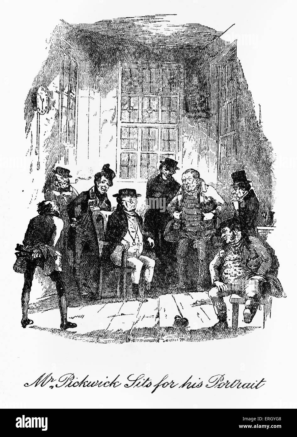 The Pickwick papers' by Charles Dickens. Illustrated by Hablot Knight Browne (Phiz). Caption reads: 'Mr. Pickwick sits for his portrait '. (before he goes to the debtor's prison). CD: English novelist: 7 February 1812 - 9 June 1870. Stock Photo