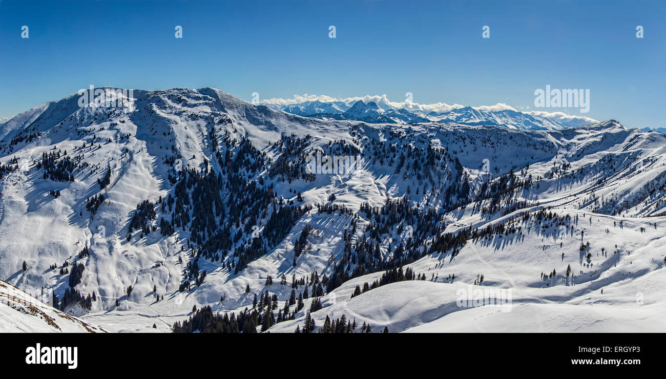 Winter snowy mountains panorama. Concept of untouched nature and clean environment. Stock Photo