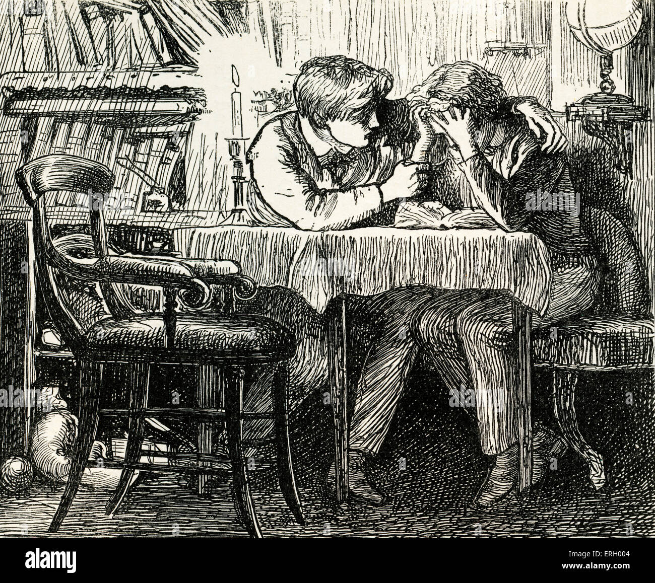 Tom Brown's School-Days, by Thomas Hughes, First published in 1857. Caption reads: 'Tom comforting  Arthur.' Illustrations by Stock Photo