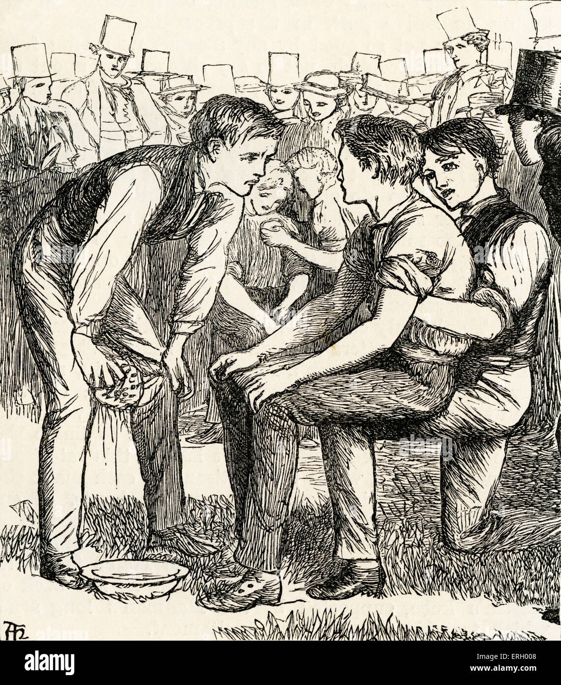Tom Brown's School-Days, by Thomas Hughes, First published in 1857. Caption reads: 'Tom engages in a boxing match at Slogger's Stock Photo