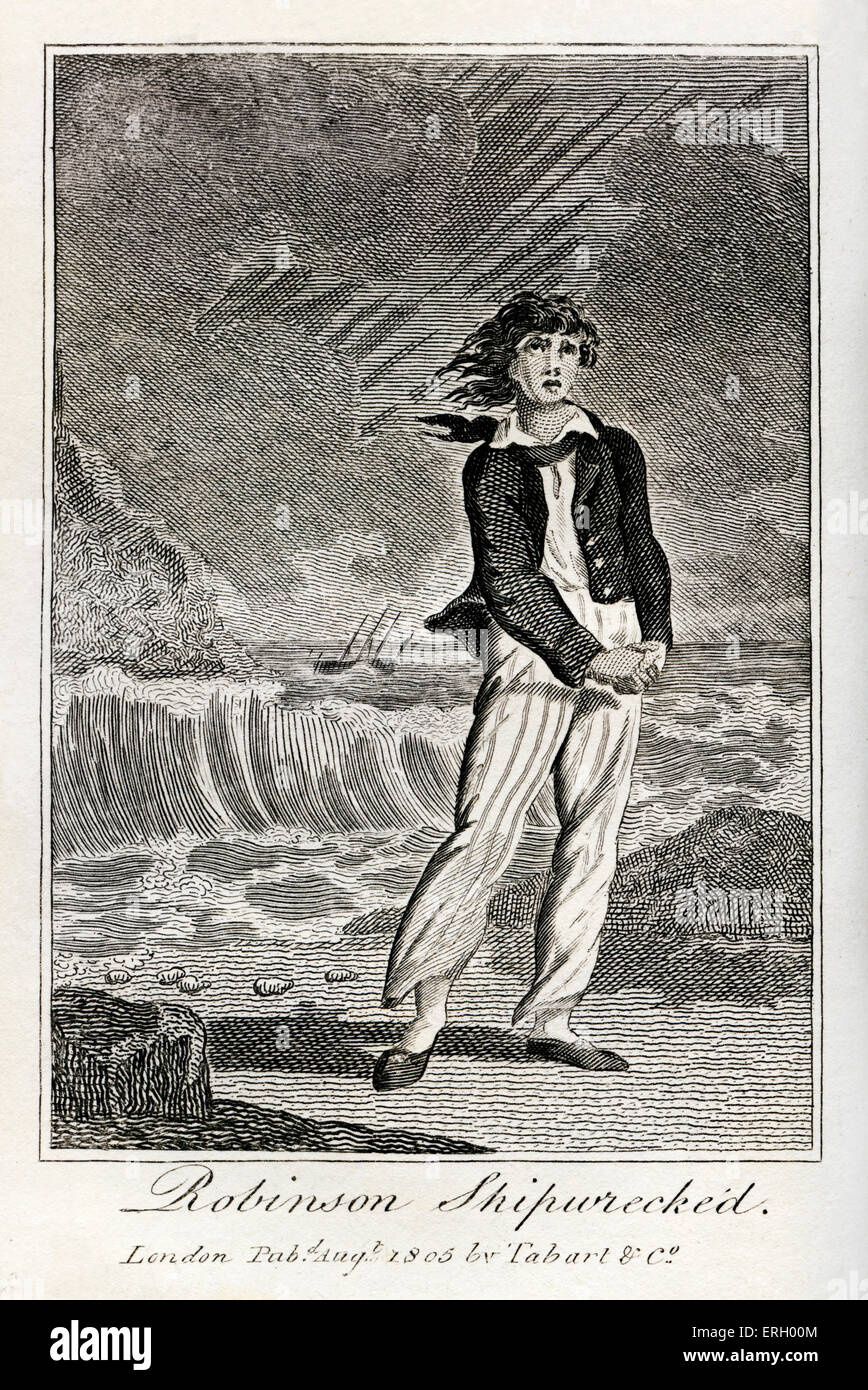 The Life & Adventures of Robinson Crusoe by Daniel Defoe.Caption reads 'Robinson shipwrecked' . First publiished London,1719. .( Illustrations from 1805 edition) English writer, journalist, ( 1659-1661 ) – ? April 1731 . Stock Photo