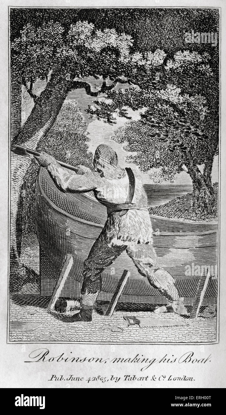 The Life & Adventures of Robinson Crusoe by Daniel Defoe.Caption reads 'Robinson  making his boat' . First publiished Stock Photo