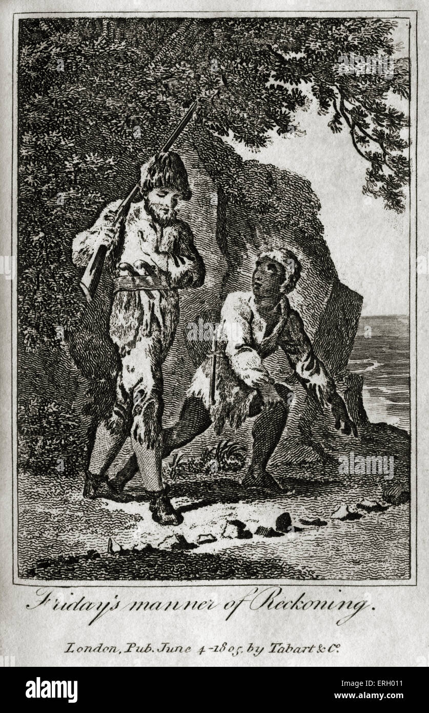 The Life & Adventures of Robinson Crusoe by Daniel Defoe.Caption reads 'Friday's manner of reckoning' . First publiished Stock Photo