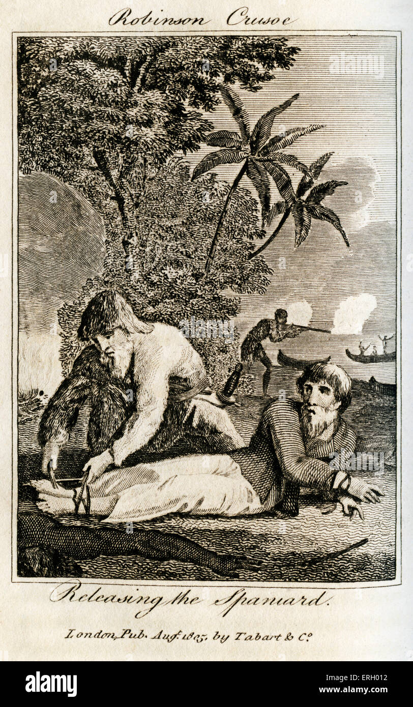 The Life & Adventures of Robinson Crusoe by Daniel Defoe.Caption reads 'Releasing the Spaniard' . First publiished London,1719. Stock Photo