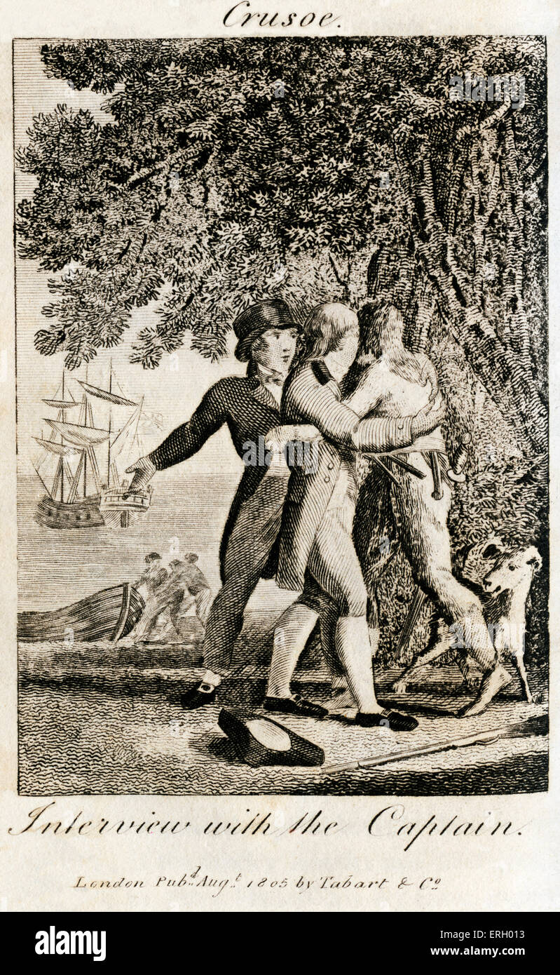 The Life & Adventures of Robinson Crusoe by Daniel Defoe.Caption reads 'Interview with the Captain' . First publiished Stock Photo