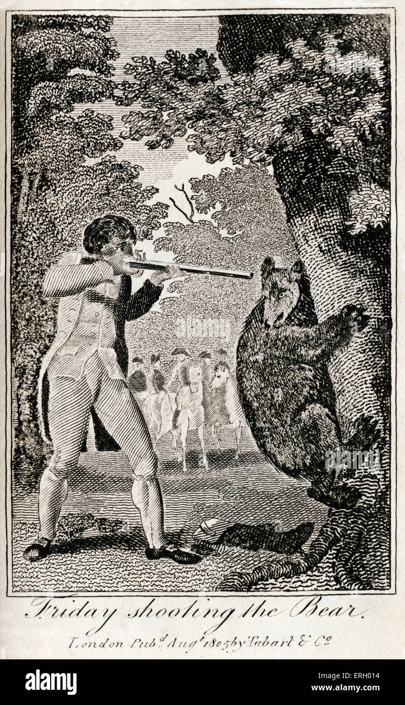 The Life & Adventures of Robinson Crusoe by Daniel Defoe.Caption reads 'Friday shooting the Bear' . First publiished Stock Photo