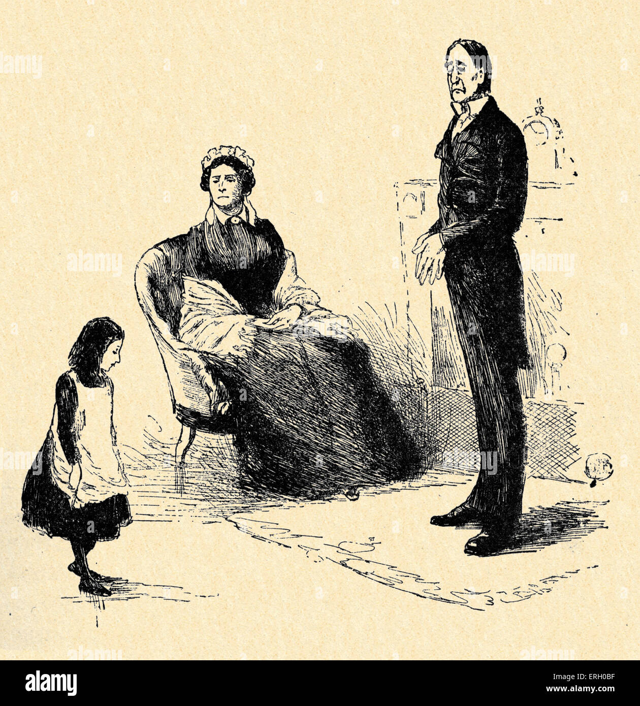 Jane Eyre by Charlotte Brontë. Caption reads: 'Her size is small. What is her age ?' (Mrs Reed, Mr Brocklehurst and the shy Stock Photo