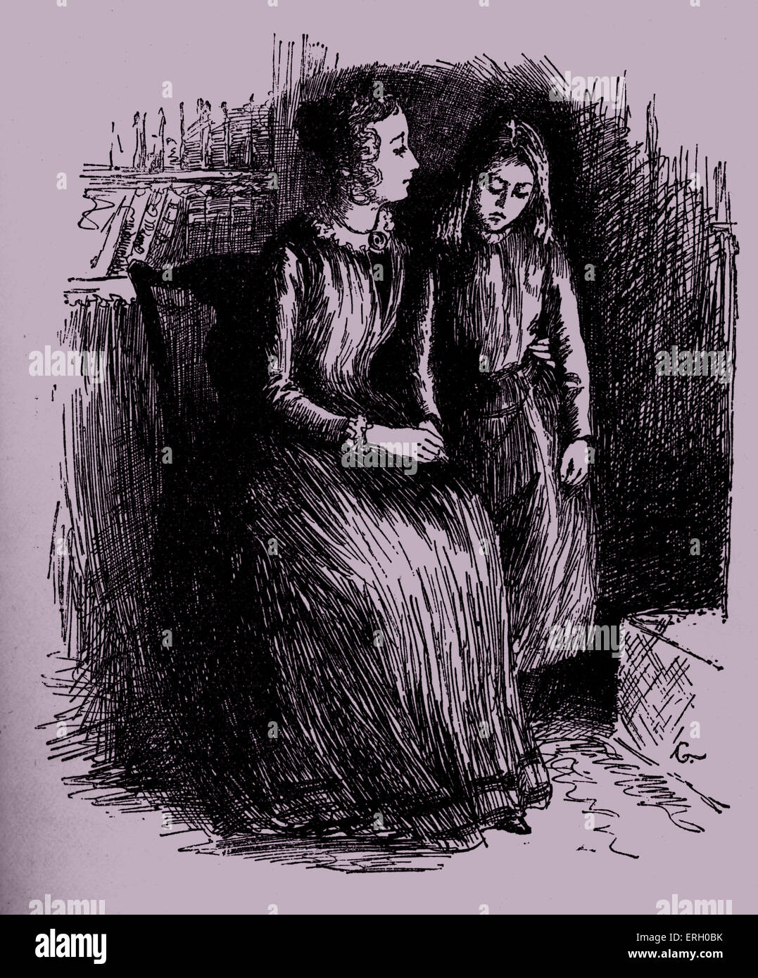 Jane Eyre by Charlotte Brontë. Caption reads: ''You will,' said she, passing her arm round me' (Miss Temple & Jane Eyre). Stock Photo